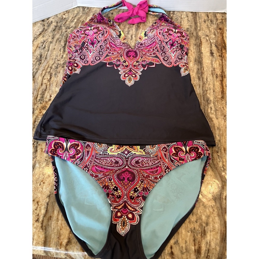 Athleta 2 PC SWIM SUIT* Paisley Pink Orange Tankini Halter Top A-C + Bottom S-M